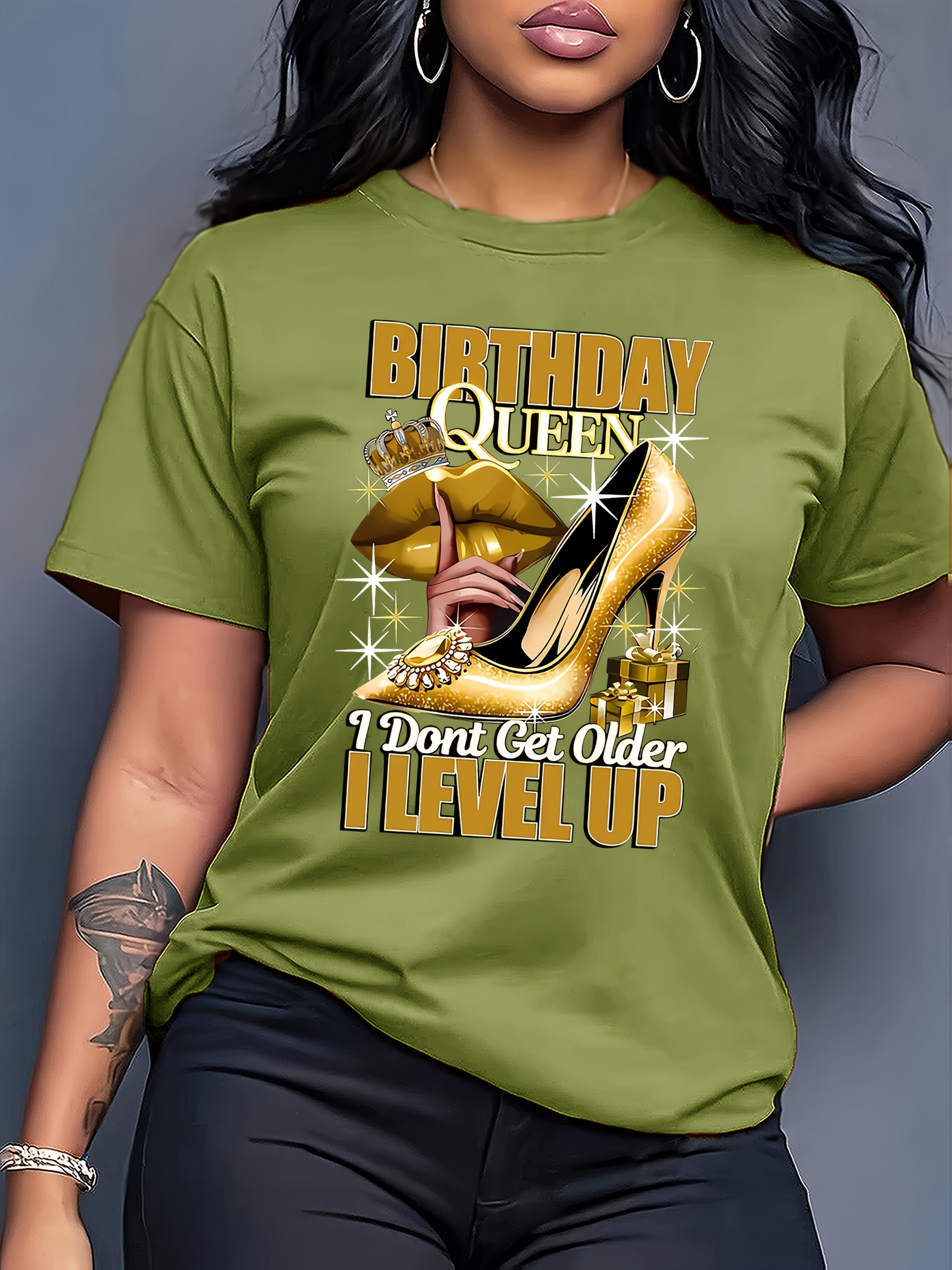 Birthday Queen Printed Women'S T-Shirt - Casual Crew Neck, Short Sleeve Top with High Heels & Crown Design, Perfect for Spring/Summer Celebrations, Birthday Party Apparel | Festive Design | Golden Crown Graphic, Birthday Part